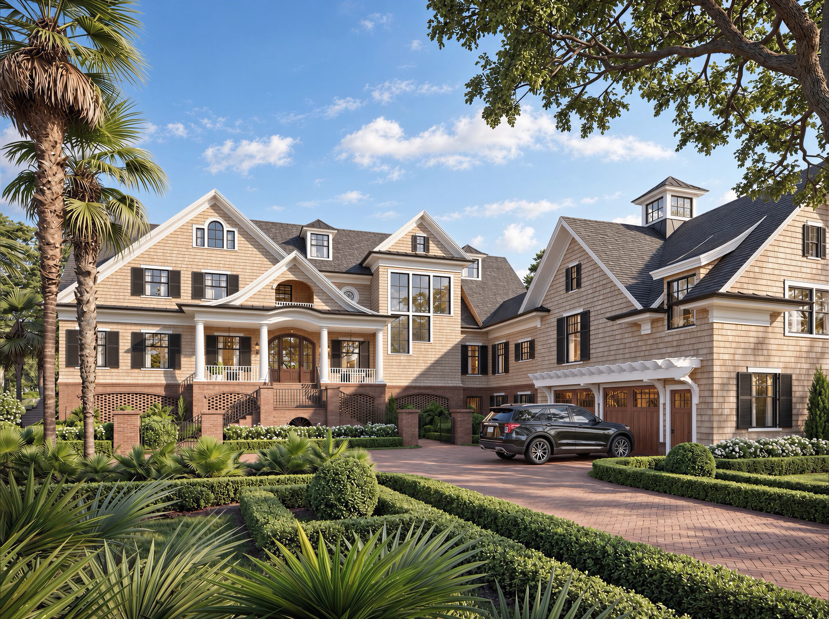 Large coastal-style residence with broad veranda, palm planting and curving driveway
