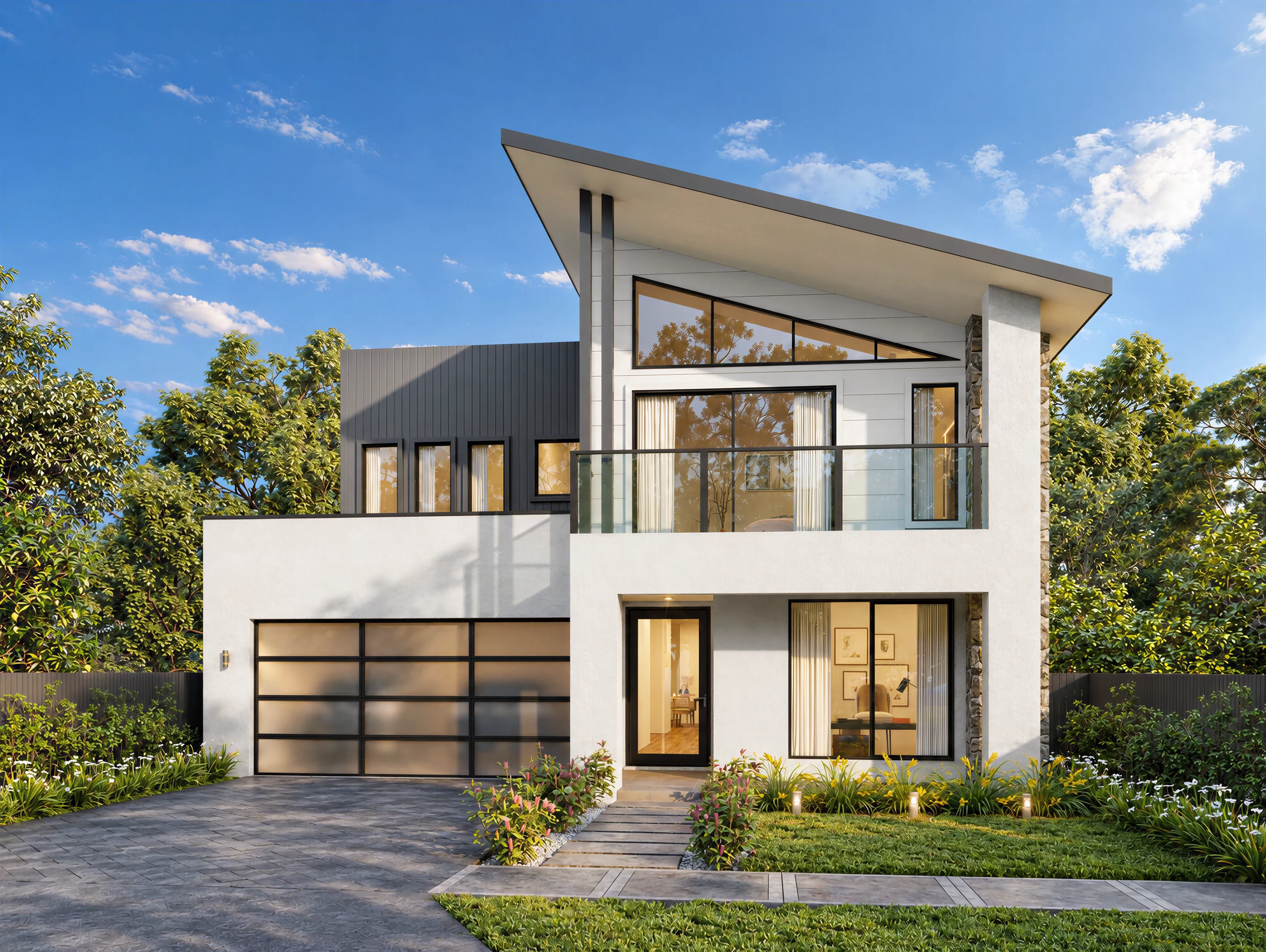 Contemporary two-story home with a bold sloped roof, large glazing, white rendered walls and front garden