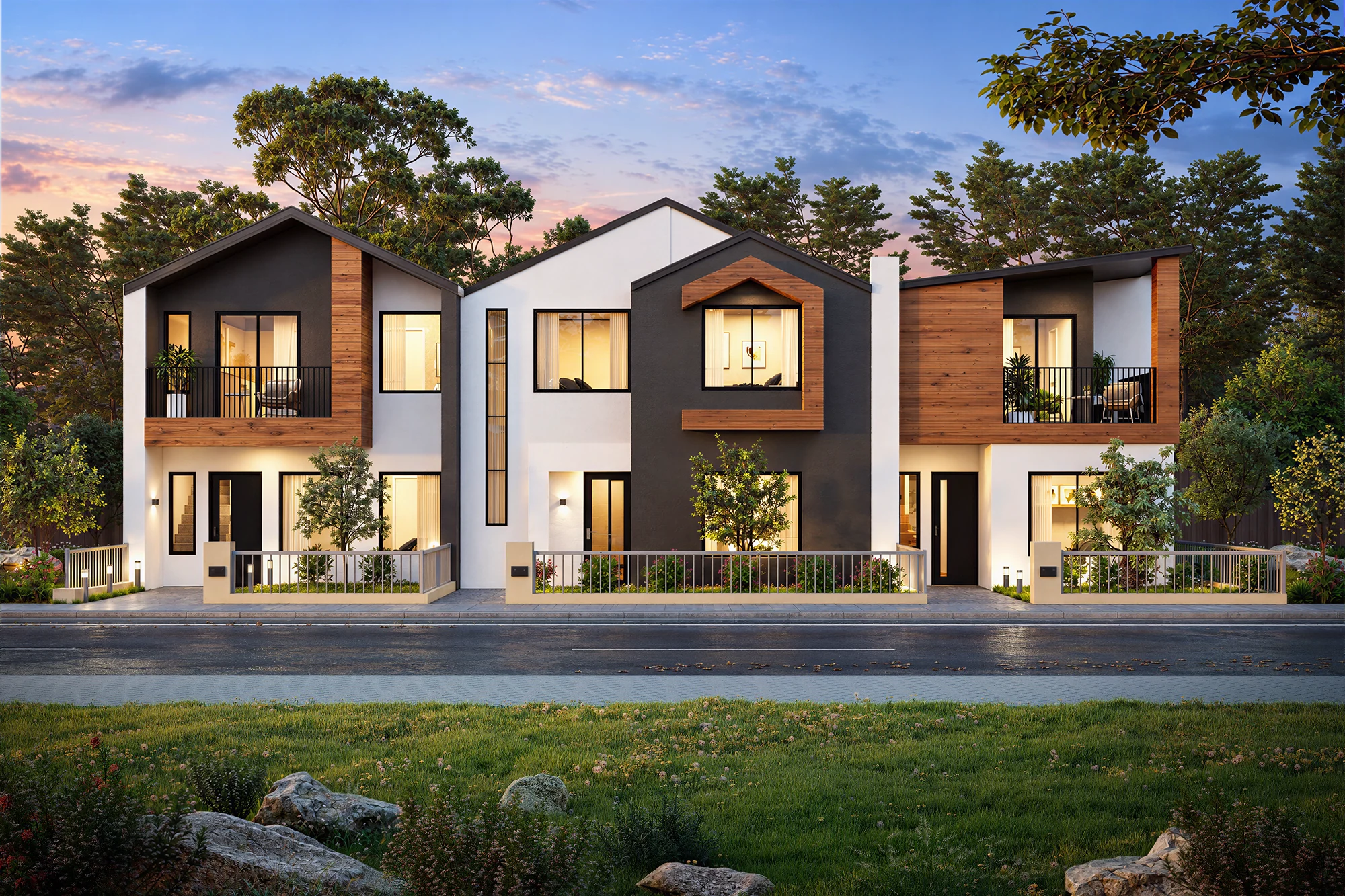Street-facing contemporary attached residential homes with white and charcoal walls, wood accents and warm dusk illumination