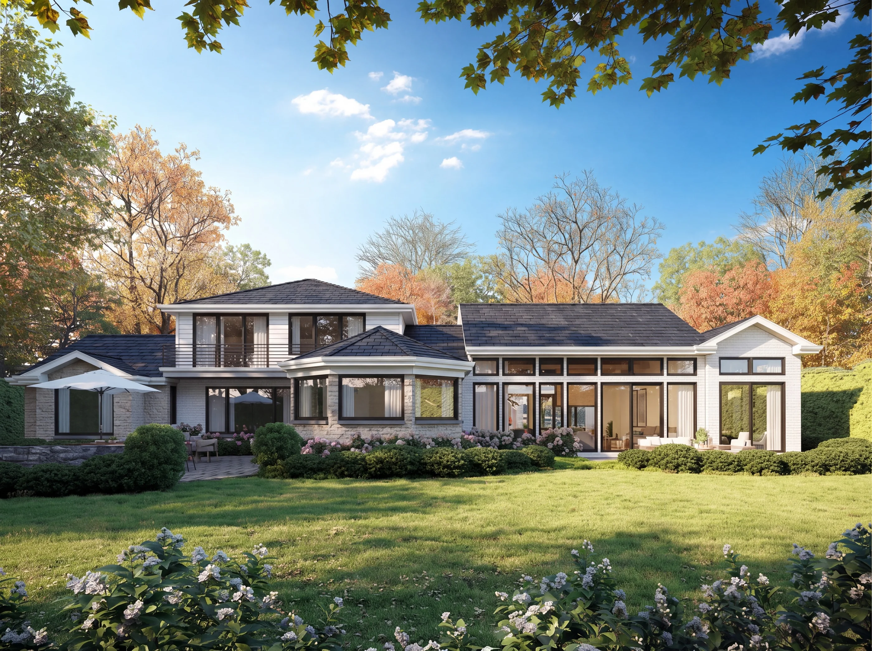 Residential architecture exterior visualization with planted landscape and a detailed arrival view